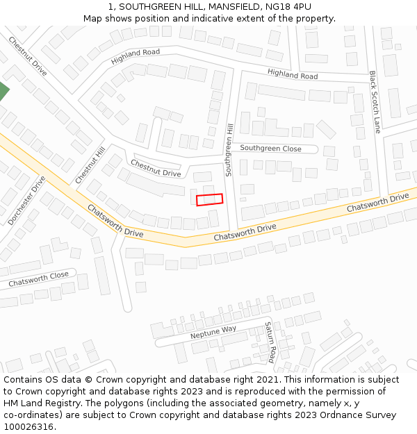 1, SOUTHGREEN HILL, MANSFIELD, NG18 4PU: Location map and indicative extent of plot