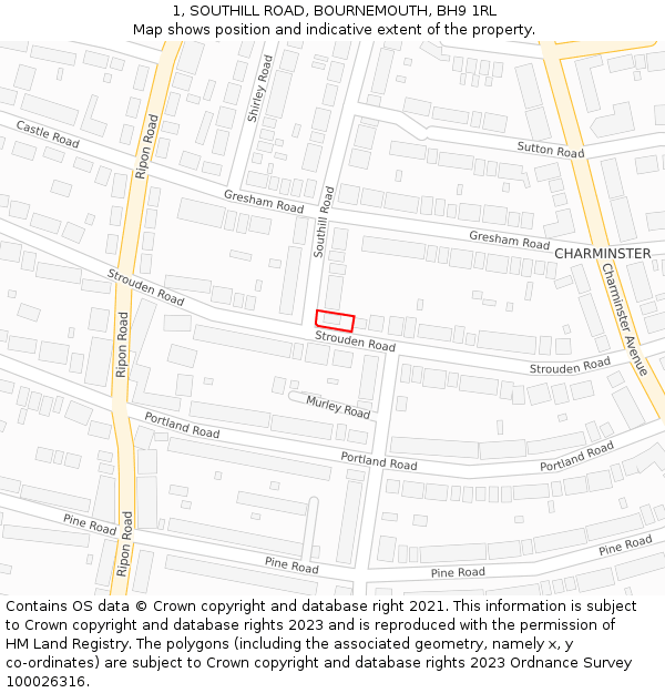 1, SOUTHILL ROAD, BOURNEMOUTH, BH9 1RL: Location map and indicative extent of plot