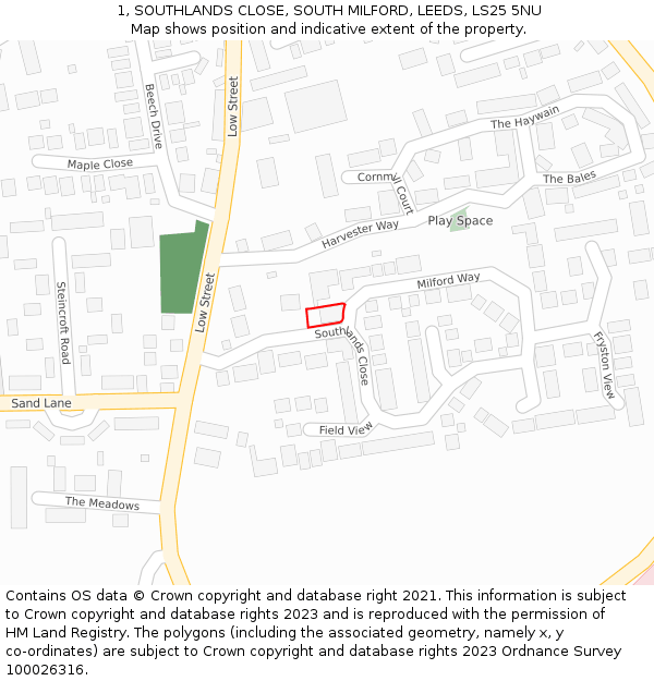 1, SOUTHLANDS CLOSE, SOUTH MILFORD, LEEDS, LS25 5NU: Location map and indicative extent of plot
