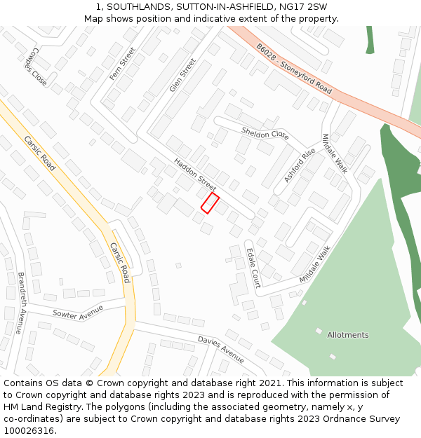 1, SOUTHLANDS, SUTTON-IN-ASHFIELD, NG17 2SW: Location map and indicative extent of plot