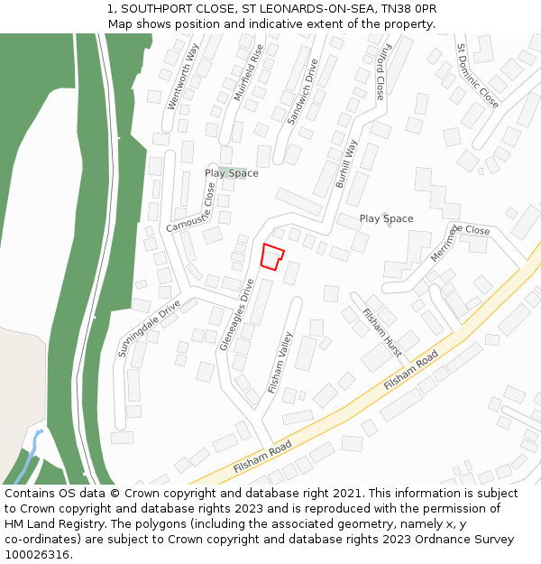 1, SOUTHPORT CLOSE, ST LEONARDS-ON-SEA, TN38 0PR: Location map and indicative extent of plot