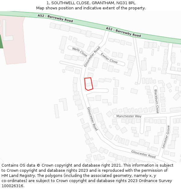 1, SOUTHWELL CLOSE, GRANTHAM, NG31 8PL: Location map and indicative extent of plot