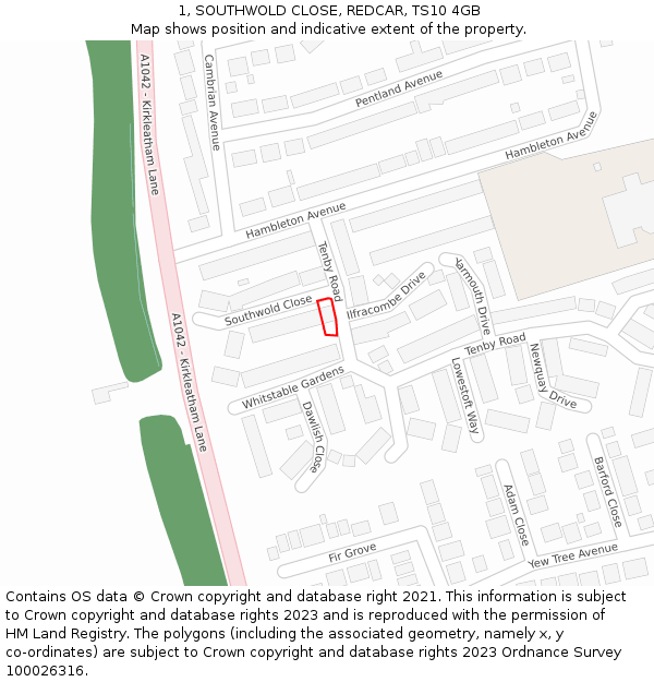 1, SOUTHWOLD CLOSE, REDCAR, TS10 4GB: Location map and indicative extent of plot