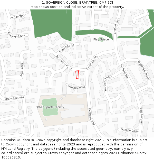 1, SOVEREIGN CLOSE, BRAINTREE, CM7 9DJ: Location map and indicative extent of plot