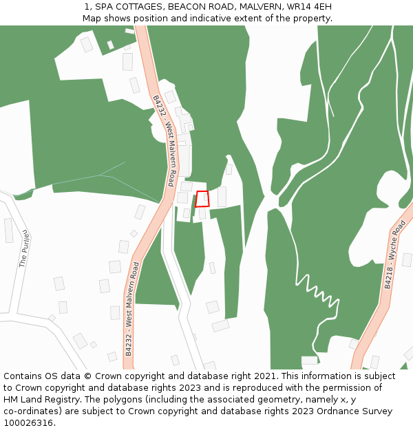 1, SPA COTTAGES, BEACON ROAD, MALVERN, WR14 4EH: Location map and indicative extent of plot