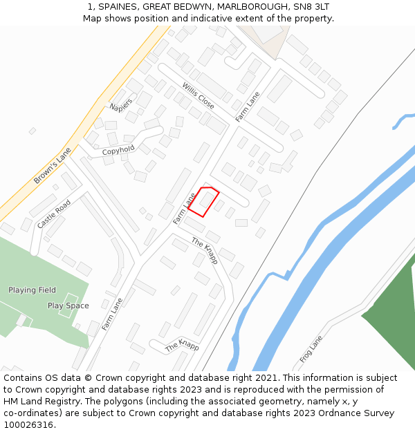 1, SPAINES, GREAT BEDWYN, MARLBOROUGH, SN8 3LT: Location map and indicative extent of plot