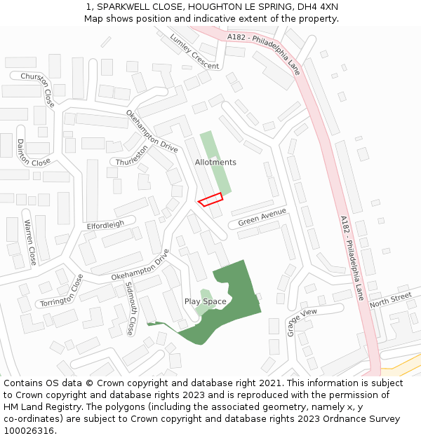 1, SPARKWELL CLOSE, HOUGHTON LE SPRING, DH4 4XN: Location map and indicative extent of plot