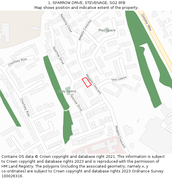 1, SPARROW DRIVE, STEVENAGE, SG2 9FB: Location map and indicative extent of plot