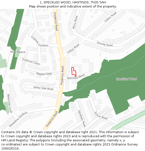 1, SPECKLED WOOD, HASTINGS, TN35 5AH: Location map and indicative extent of plot