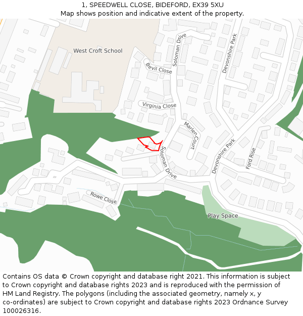 1, SPEEDWELL CLOSE, BIDEFORD, EX39 5XU: Location map and indicative extent of plot
