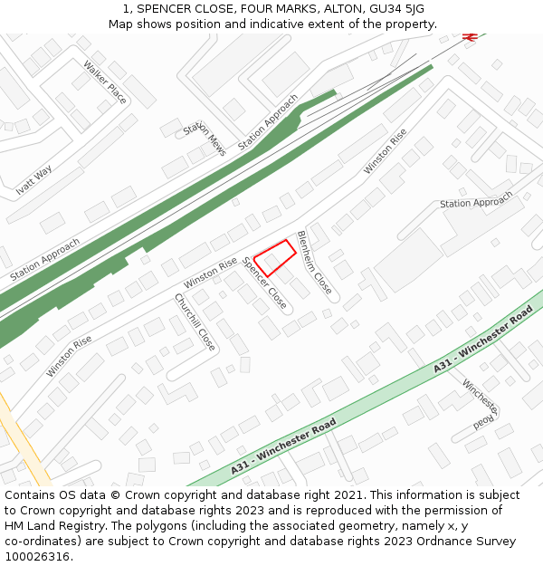1, SPENCER CLOSE, FOUR MARKS, ALTON, GU34 5JG: Location map and indicative extent of plot