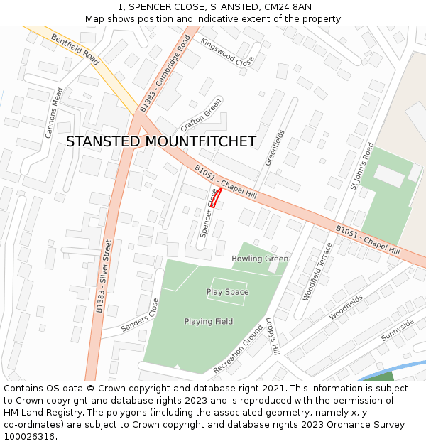 1, SPENCER CLOSE, STANSTED, CM24 8AN: Location map and indicative extent of plot