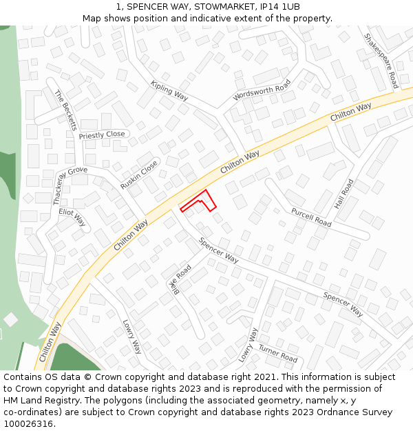 1, SPENCER WAY, STOWMARKET, IP14 1UB: Location map and indicative extent of plot