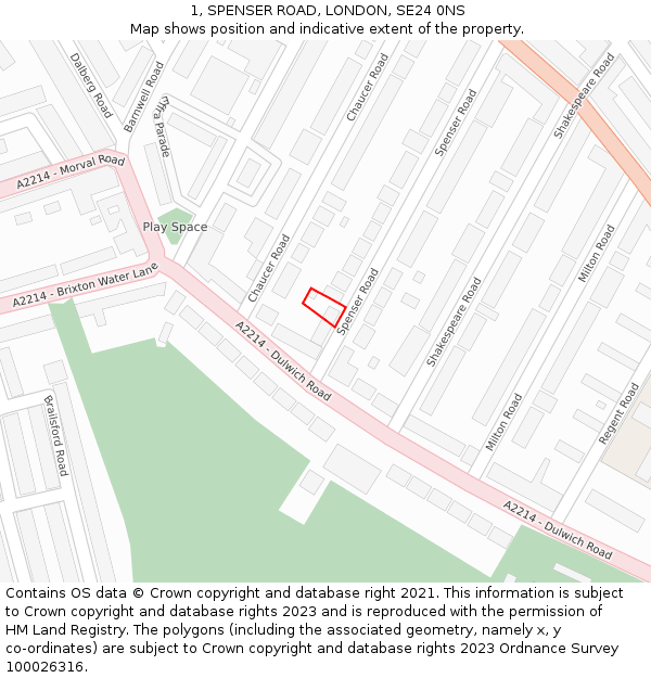 1, SPENSER ROAD, LONDON, SE24 0NS: Location map and indicative extent of plot