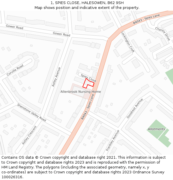 1, SPIES CLOSE, HALESOWEN, B62 9SH: Location map and indicative extent of plot