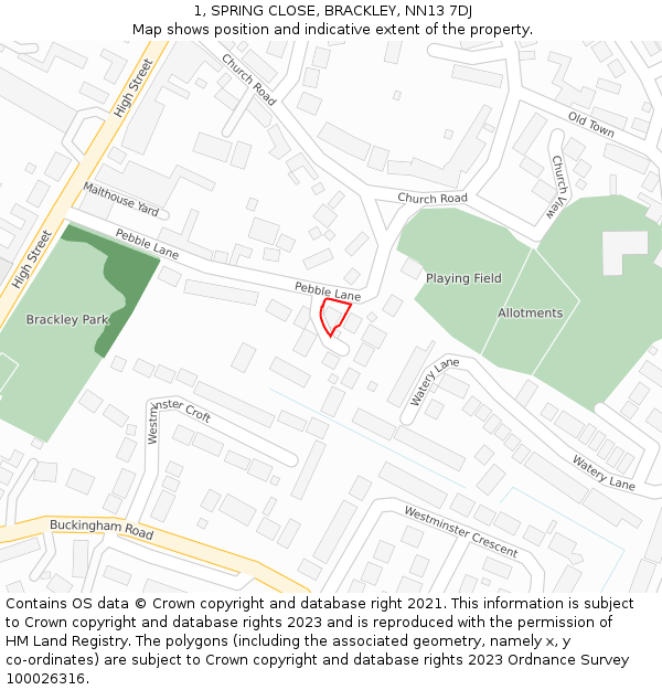 1, SPRING CLOSE, BRACKLEY, NN13 7DJ: Location map and indicative extent of plot