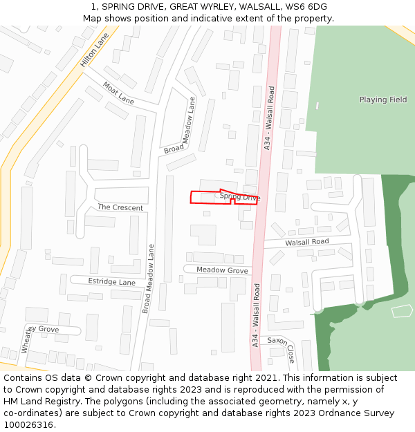 1, SPRING DRIVE, GREAT WYRLEY, WALSALL, WS6 6DG: Location map and indicative extent of plot