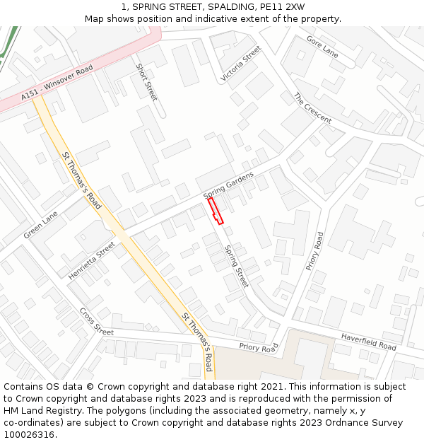 1, SPRING STREET, SPALDING, PE11 2XW: Location map and indicative extent of plot