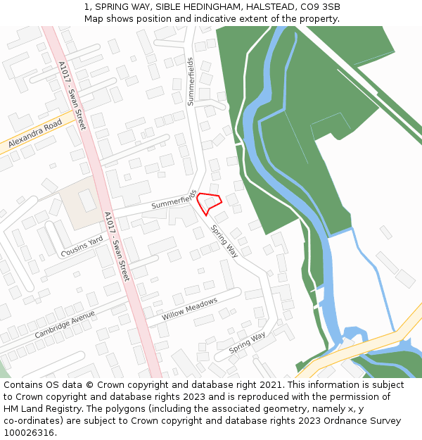 1, SPRING WAY, SIBLE HEDINGHAM, HALSTEAD, CO9 3SB: Location map and indicative extent of plot