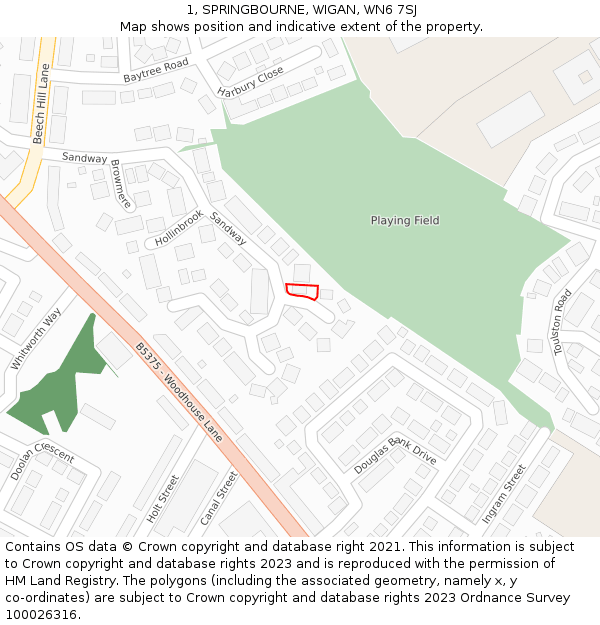 1, SPRINGBOURNE, WIGAN, WN6 7SJ: Location map and indicative extent of plot