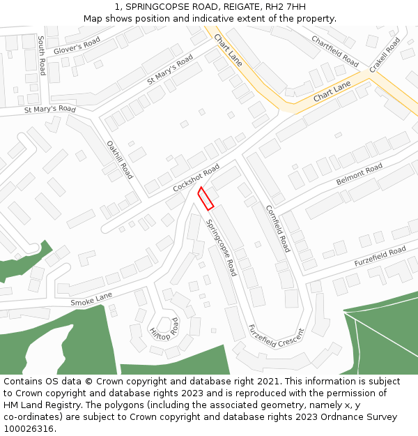 1, SPRINGCOPSE ROAD, REIGATE, RH2 7HH: Location map and indicative extent of plot