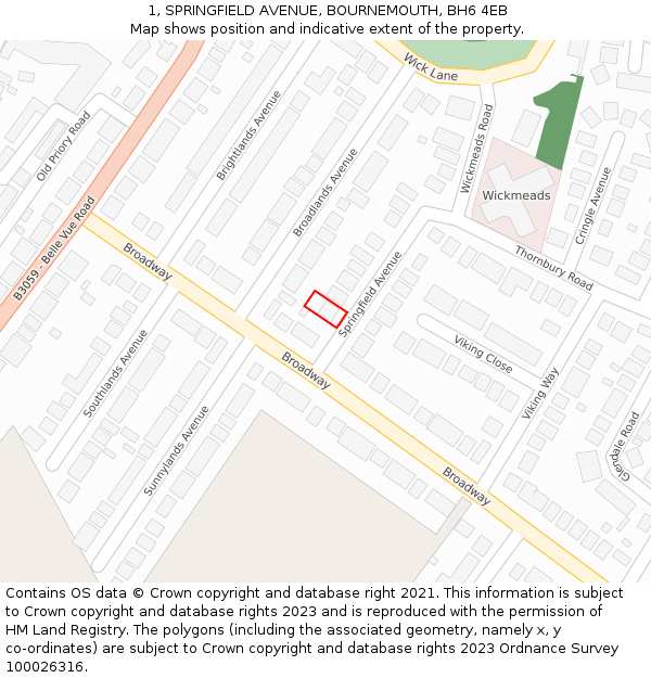 1, SPRINGFIELD AVENUE, BOURNEMOUTH, BH6 4EB: Location map and indicative extent of plot