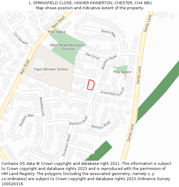 1, SPRINGFIELD CLOSE, HIGHER KINNERTON, CHESTER, CH4 9BU: Location map and indicative extent of plot