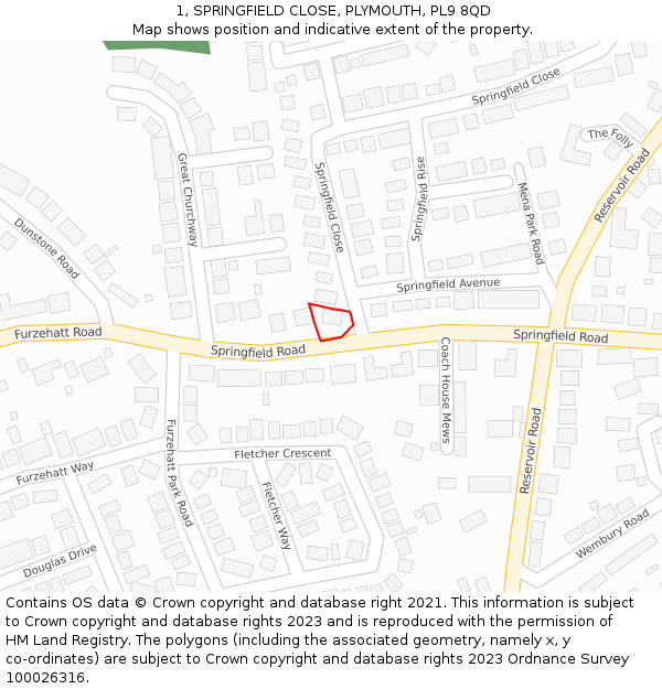 1, SPRINGFIELD CLOSE, PLYMOUTH, PL9 8QD: Location map and indicative extent of plot