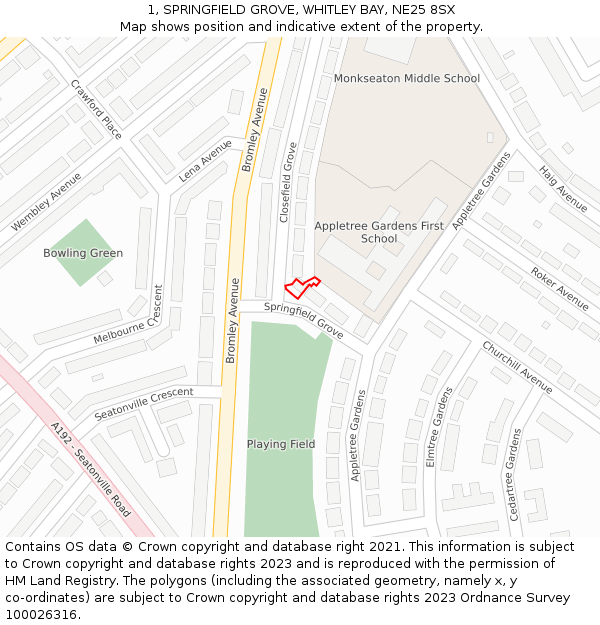 1, SPRINGFIELD GROVE, WHITLEY BAY, NE25 8SX: Location map and indicative extent of plot