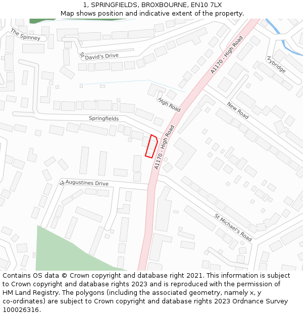 1, SPRINGFIELDS, BROXBOURNE, EN10 7LX: Location map and indicative extent of plot