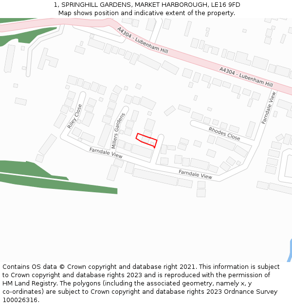 1, SPRINGHILL GARDENS, MARKET HARBOROUGH, LE16 9FD: Location map and indicative extent of plot