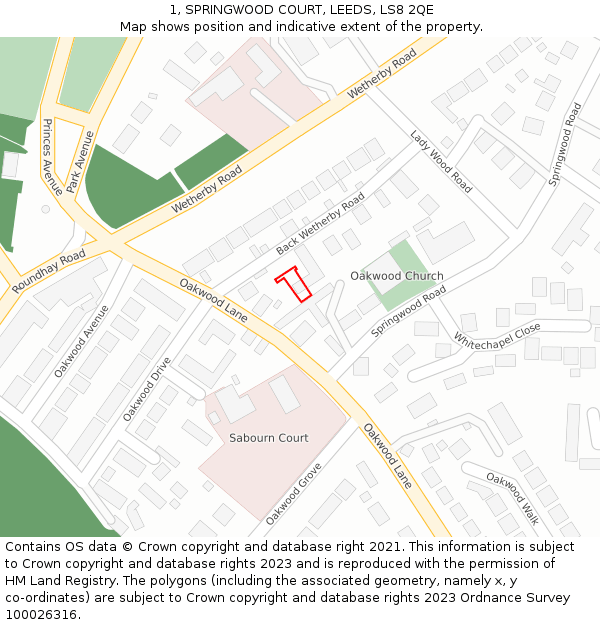 1, SPRINGWOOD COURT, LEEDS, LS8 2QE: Location map and indicative extent of plot