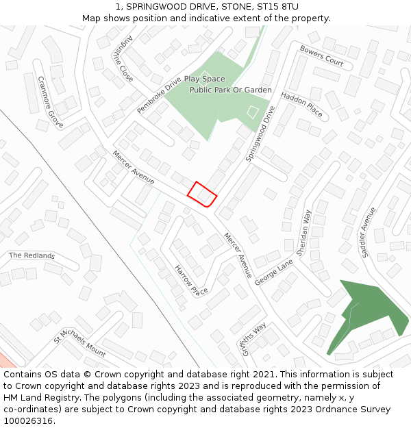 1, SPRINGWOOD DRIVE, STONE, ST15 8TU: Location map and indicative extent of plot