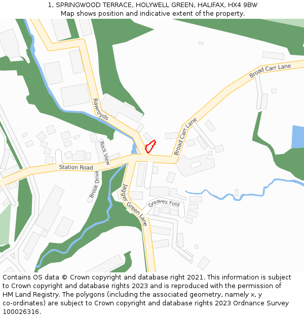 1, SPRINGWOOD TERRACE, HOLYWELL GREEN, HALIFAX, HX4 9BW: Location map and indicative extent of plot