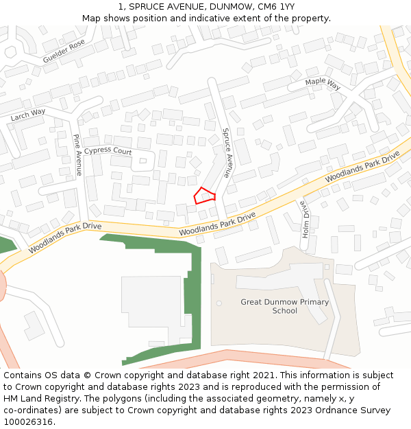 1, SPRUCE AVENUE, DUNMOW, CM6 1YY: Location map and indicative extent of plot