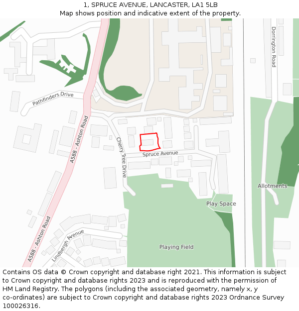 1, SPRUCE AVENUE, LANCASTER, LA1 5LB: Location map and indicative extent of plot
