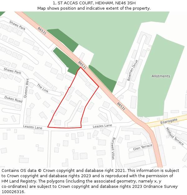 1, ST ACCAS COURT, HEXHAM, NE46 3SH: Location map and indicative extent of plot