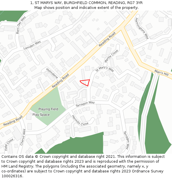 1, ST MARYS WAY, BURGHFIELD COMMON, READING, RG7 3YR: Location map and indicative extent of plot