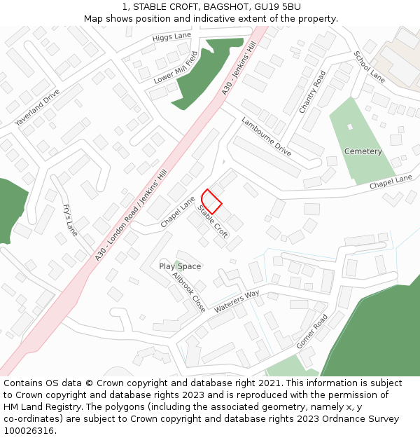 1, STABLE CROFT, BAGSHOT, GU19 5BU: Location map and indicative extent of plot