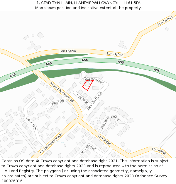 1, STAD TY'N LLAIN, LLANFAIRPWLLGWYNGYLL, LL61 5FA: Location map and indicative extent of plot