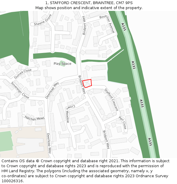 1, STAFFORD CRESCENT, BRAINTREE, CM7 9PS: Location map and indicative extent of plot