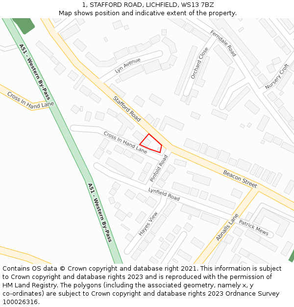 1, STAFFORD ROAD, LICHFIELD, WS13 7BZ: Location map and indicative extent of plot