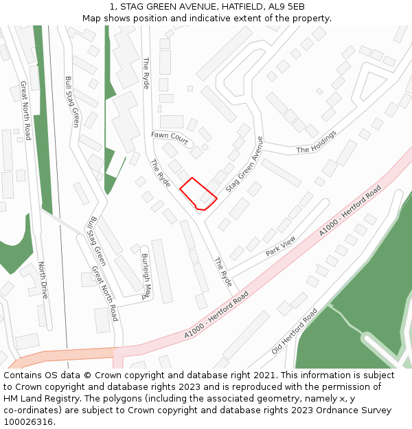 1, STAG GREEN AVENUE, HATFIELD, AL9 5EB: Location map and indicative extent of plot