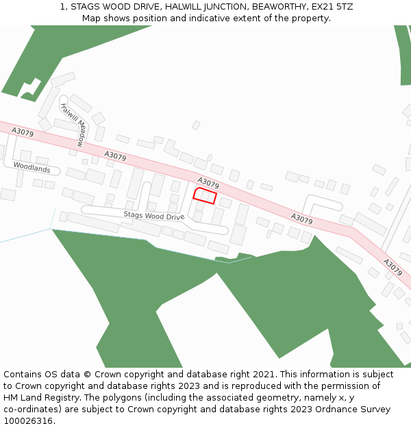 1, STAGS WOOD DRIVE, HALWILL JUNCTION, BEAWORTHY, EX21 5TZ: Location map and indicative extent of plot