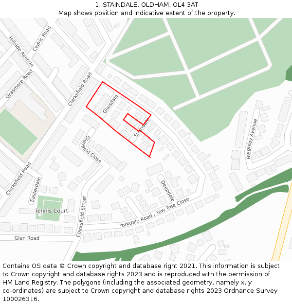 1, STAINDALE, OLDHAM, OL4 3AT: Location map and indicative extent of plot