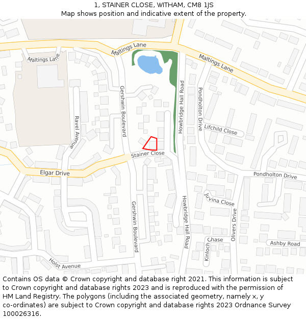 1, STAINER CLOSE, WITHAM, CM8 1JS: Location map and indicative extent of plot