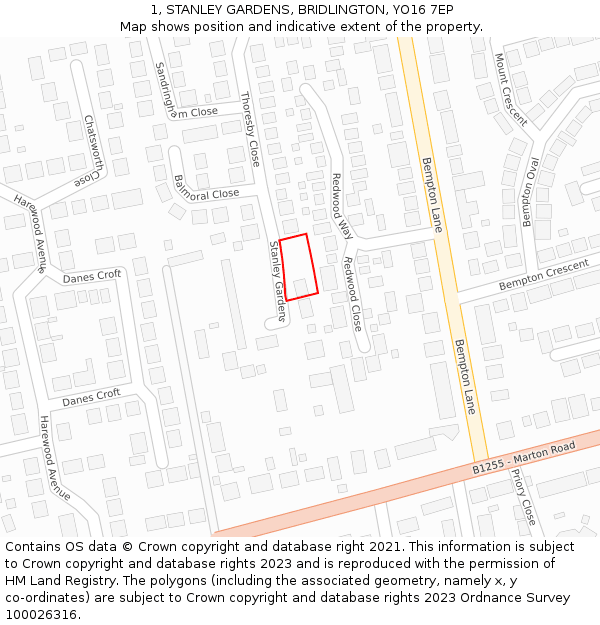 1, STANLEY GARDENS, BRIDLINGTON, YO16 7EP: Location map and indicative extent of plot