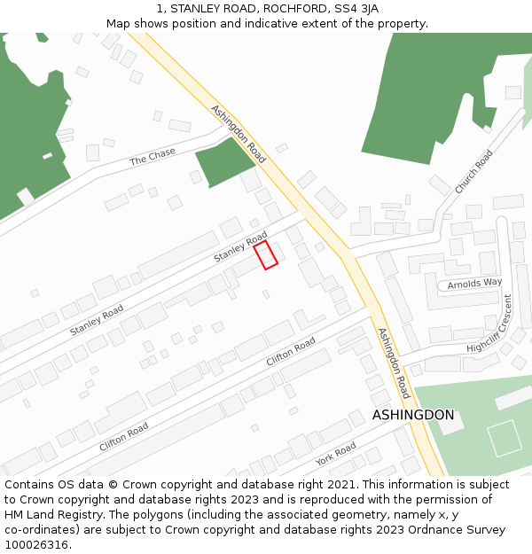 1, STANLEY ROAD, ROCHFORD, SS4 3JA: Location map and indicative extent of plot
