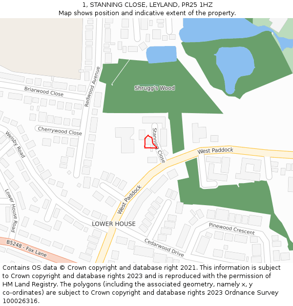 1, STANNING CLOSE, LEYLAND, PR25 1HZ: Location map and indicative extent of plot