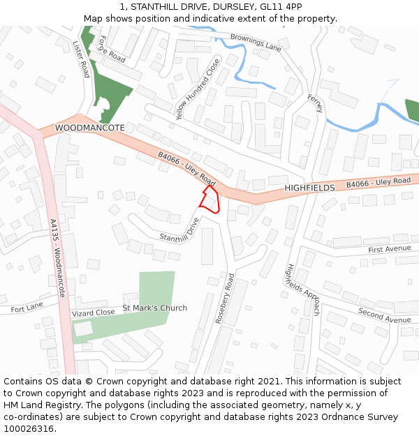 1, STANTHILL DRIVE, DURSLEY, GL11 4PP: Location map and indicative extent of plot